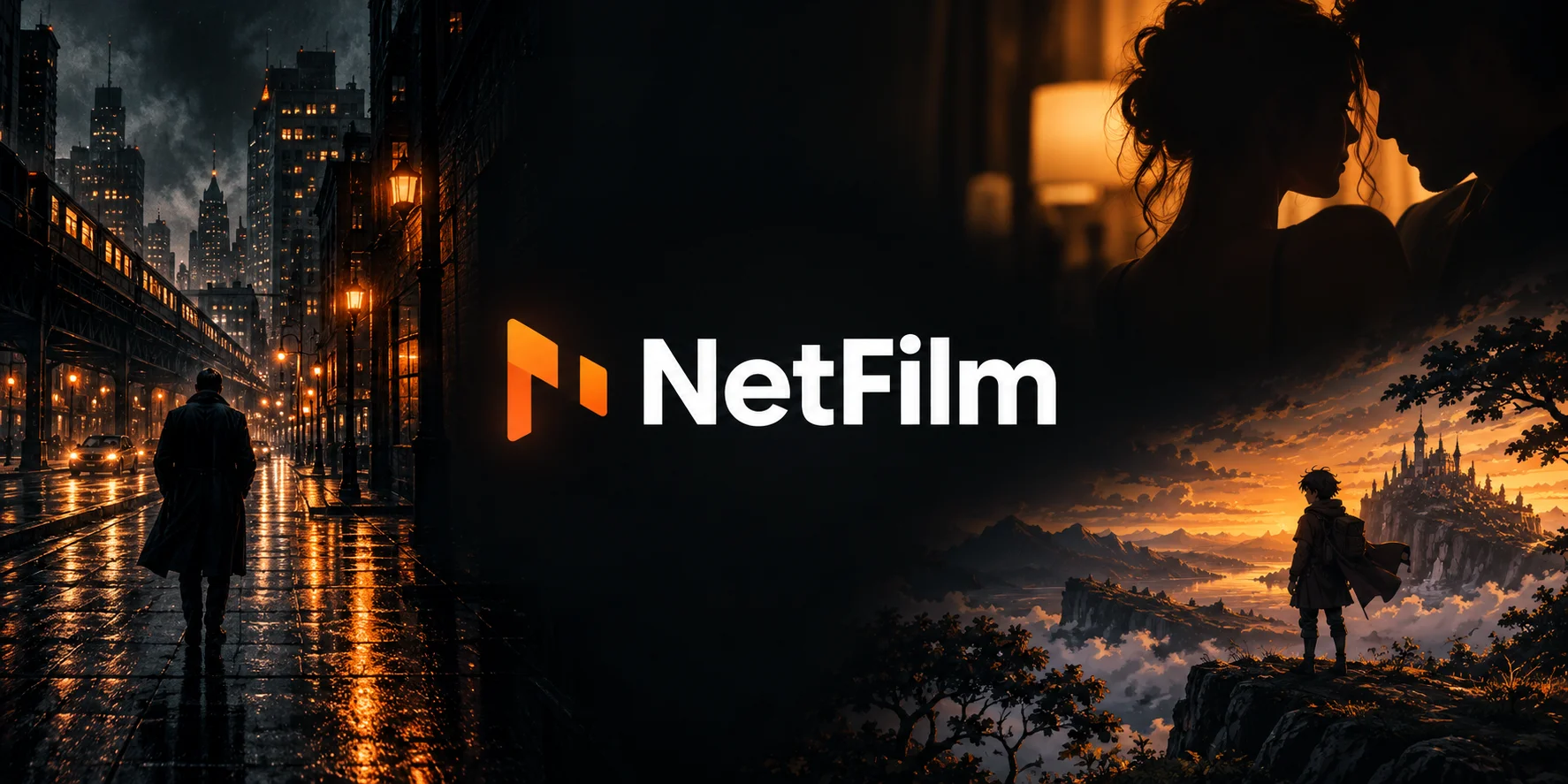 NetFilm wordmark in an orange-accented cinematic collage of drama, city suspense and anime adventure